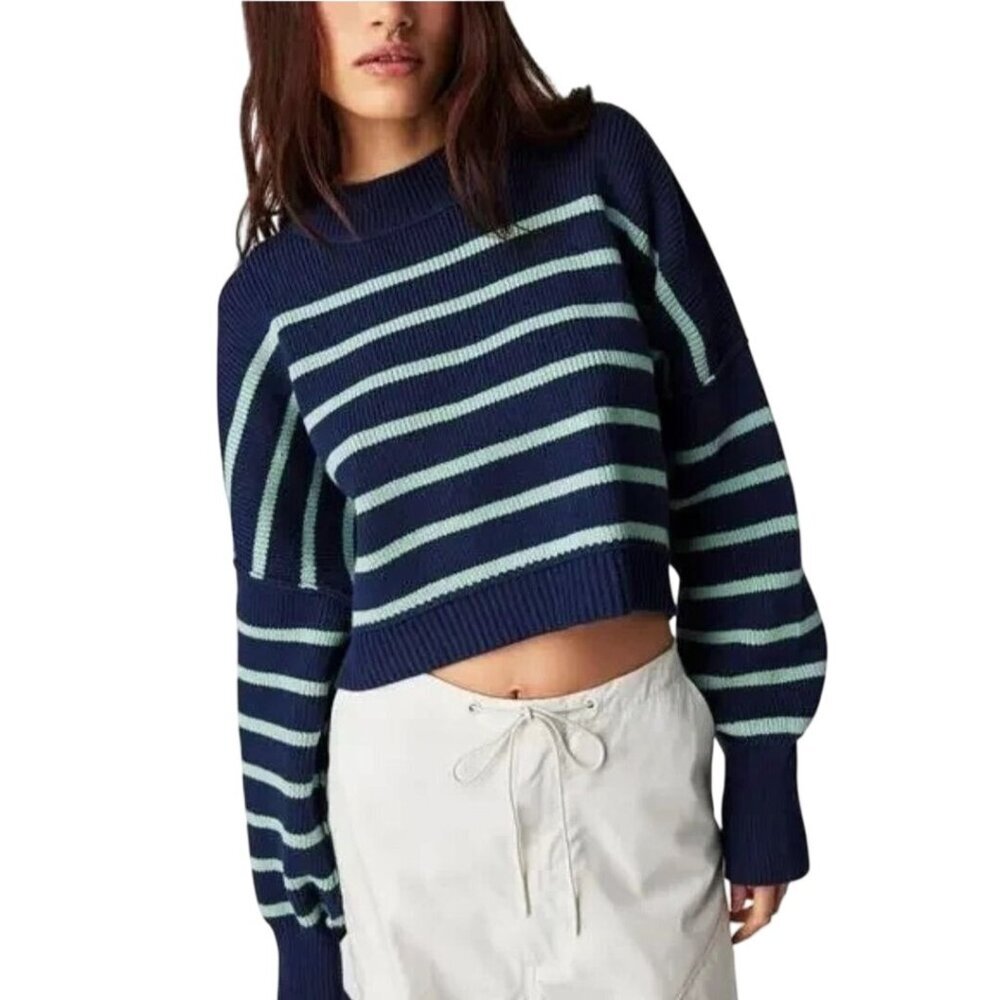 Free People Navy Mint Striped Easy Street Cropped Oversized Sweater Size L